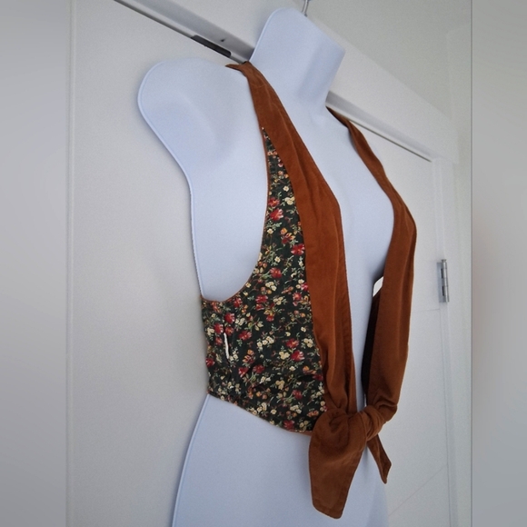 Zara/ Brown Vegan Suede/ Floral Lining Vest/ Size US M - Picture 2 of 13